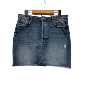 H&M L.O.G.G. DENIM SKIRT WITH‎ BUTTON FLY AND FRINGED HEM SIZE L